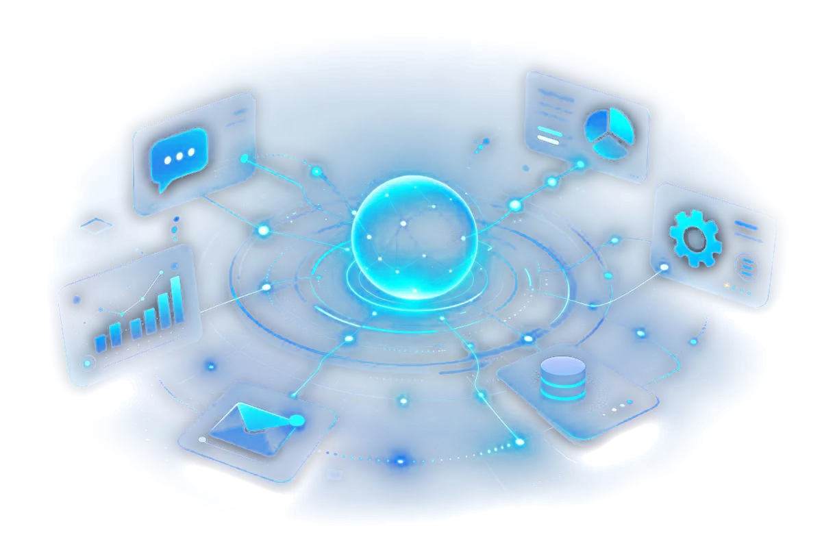 A glowing sphere connected by lines of light to floating app panels for chat, charts, mail, data and settings